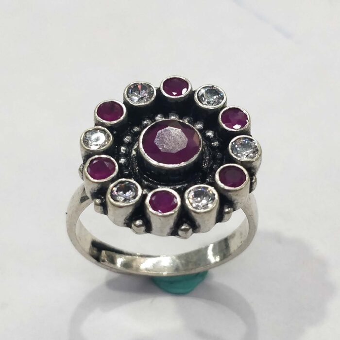 Oxidized 925 Sterling  Silver Women Ring Adjustable | Silver Rings | Gift for Girl Friend | Red & White Stone Studded - Image 1