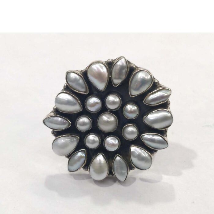 r77 Oxidized 925 Sterling Silver Women Ring Adjustable | Silver Rings | Gift for Wife | Pearl Studded - Image 1