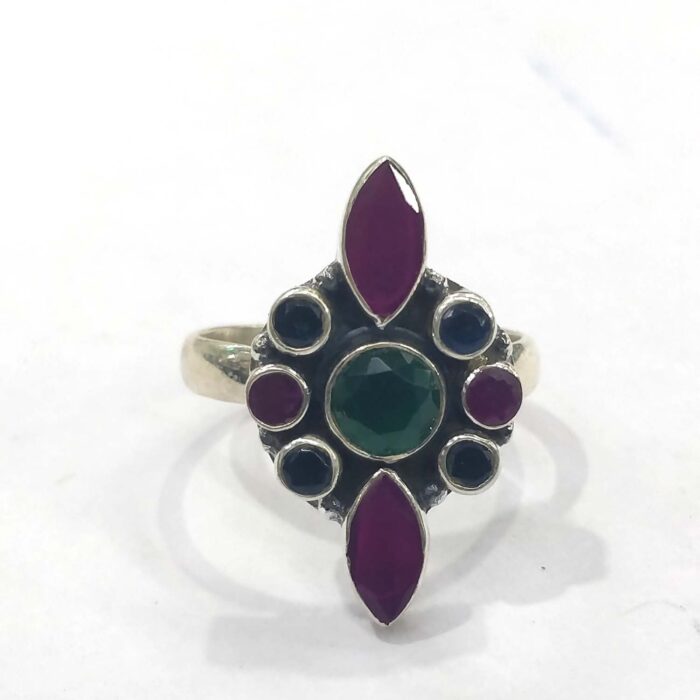 Oxidized 925 Sterling  Silver Women Ring Adjustable | Silver Rings | Gift for Girl Friend | Red & Green Stone Studded - Image 1