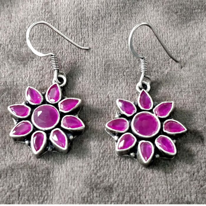 925 Silver Beautiful Hook Earrings | Silver Earrings | Best for Girls | Red Cut stones Hangings in Silver - Image 1