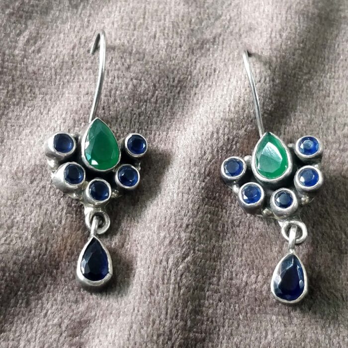 925 Silver Beautiful Hook Green Blue Cut Stone Earrings | Silver Earrings | Best for Girls | Hangings in Silver - Image 1