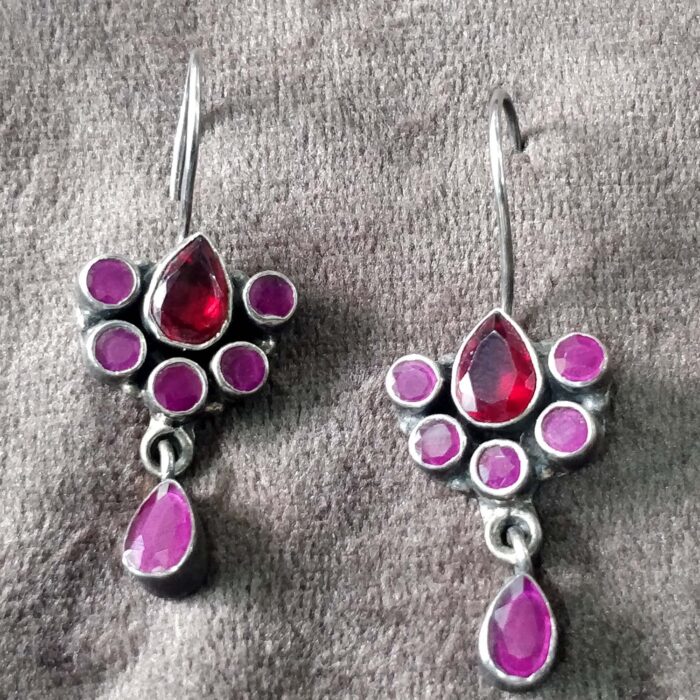 se17 925 Silver Beautiful Hook Red Cut Stone Earrings | Silver Earrings | Best for Girls | Hangings in Silver - Image 1