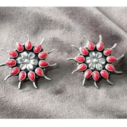 925 Silver Beautiful Red Coral Color Stone Earrings | Silver Earrings | Best for Girls
