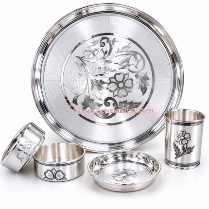 The 925 Hallmarked Silver Thali Set (1100 gm) is a premium handcrafted collection made from 92.50% pure sterling silver.