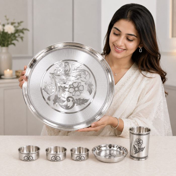 925 Hallmarked Silver Thali Set – 1100 gm Pure Silver (92.50% Purity) | Sai Jewellers-BKSBB01 - Image 4