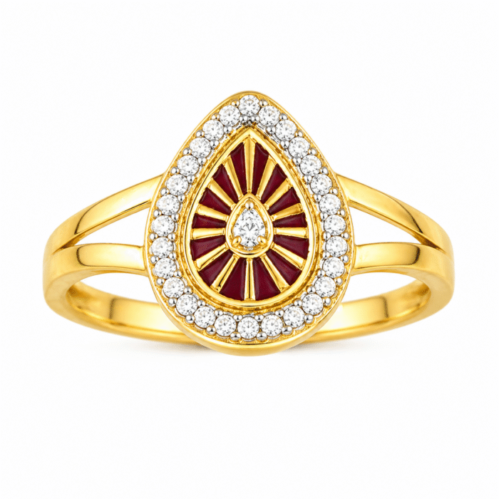22k Hallmarked Gold Brahma Kumaris Ring – White Signity Stone & Red Symbol Meenakari | Sai Jewellers