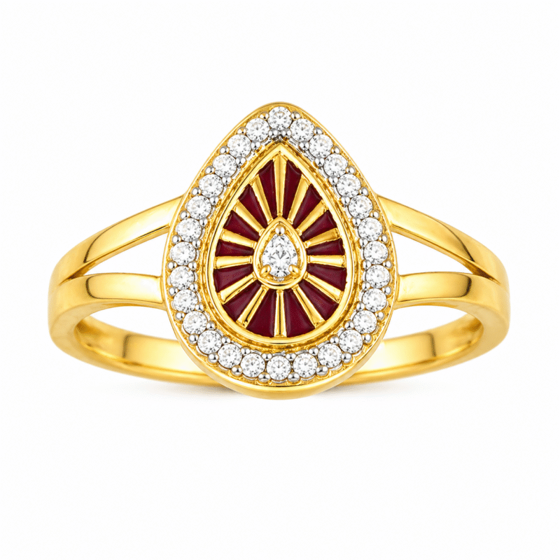 22k Hallmarked Gold Brahma Kumaris Ring – White Signity Stone & Red Symbol Meenakari | Sai Jewellers