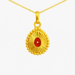 22K Gold Brahma Kumaris Pendant with red soul symbol and sunburst design, spiritual jewellery by Sai Jewellers.