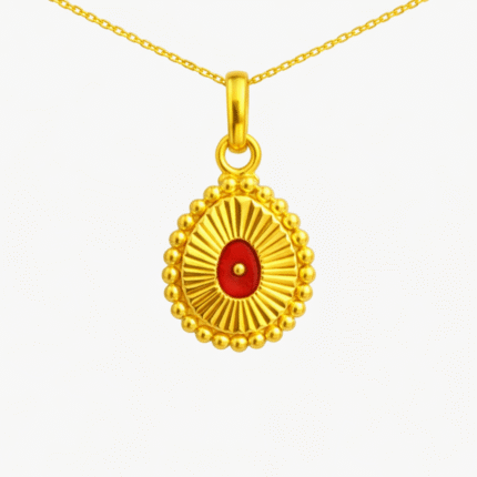 22K Gold Brahma Kumaris Pendant with red soul symbol and sunburst design, spiritual jewellery by Sai Jewellers.