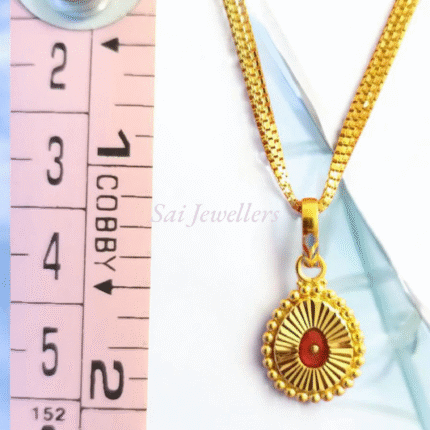 22K Gold Brahma Kumaris Pendant with red soul symbol and sunburst design, spiritual jewellery by Sai Jewellers.