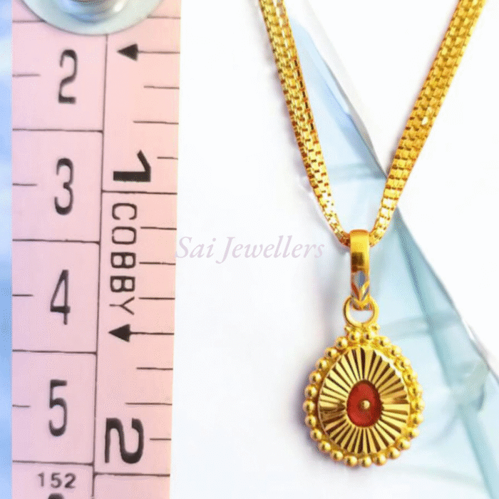 IMG-20250511-WA0010 (1) 22K Gold Brahma Kumaris Pendant with red soul symbol and sunburst design, spiritual jewellery by Sai Jewellers.