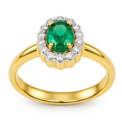 18K Gold Oval Emerald & Diamond Halo Ring- 2.50ct Emerald, 00.2ct Diamonds