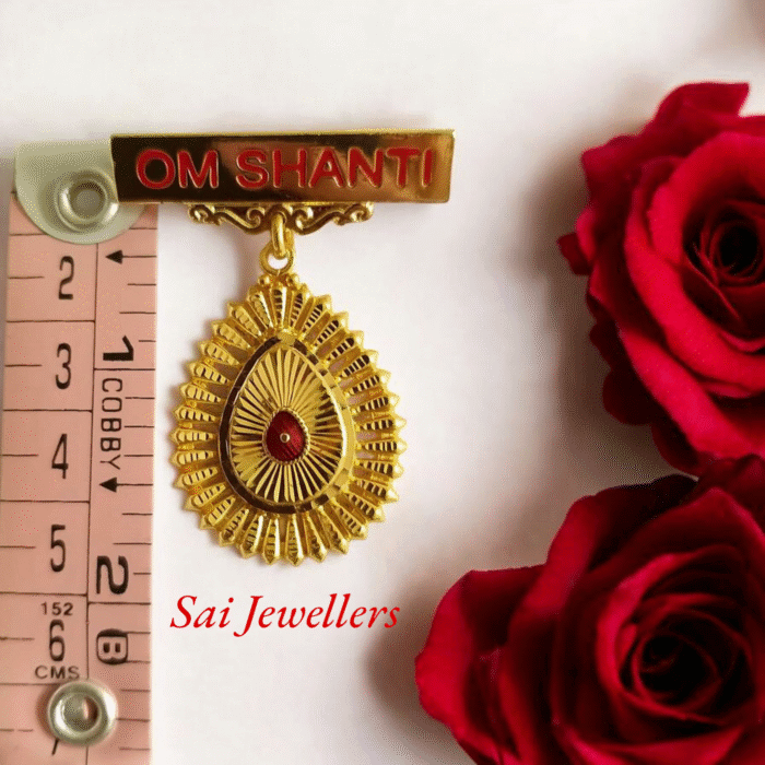 22K hallmarked gold Om Shanti badge 3.530 gm with teardrop sunburst design – Brahma Kumaris spiritual jewellery by Sai Jewellers
