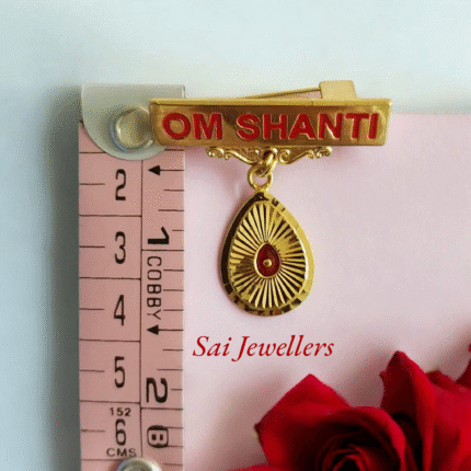22K hallmarked gold Om Shanti badge 1.950 gm with teardrop sunburst design – Brahma Kumaris spiritual jewellery by Sai Jewellers