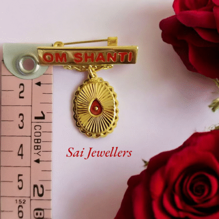22K hallmarked gold Om Shanti badge 1.850 gm with teardrop sunburst design – Brahma Kumaris spiritual jewellery by Sai Jewellers
