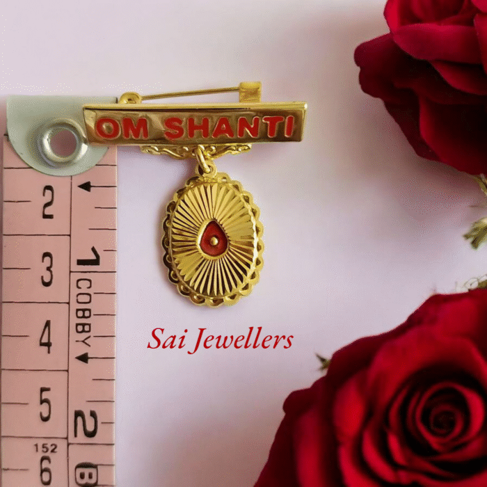 22K hallmarked gold Om Shanti badge 1.850 gm with teardrop sunburst design – Brahma Kumaris spiritual jewellery by Sai Jewellers