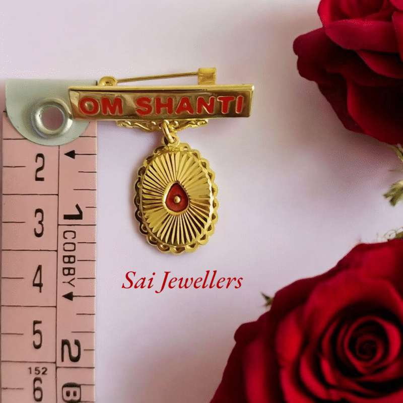 22K hallmarked gold Om Shanti badge 1.850 gm with teardrop sunburst design – Brahma Kumaris spiritual jewellery by Sai Jewellers