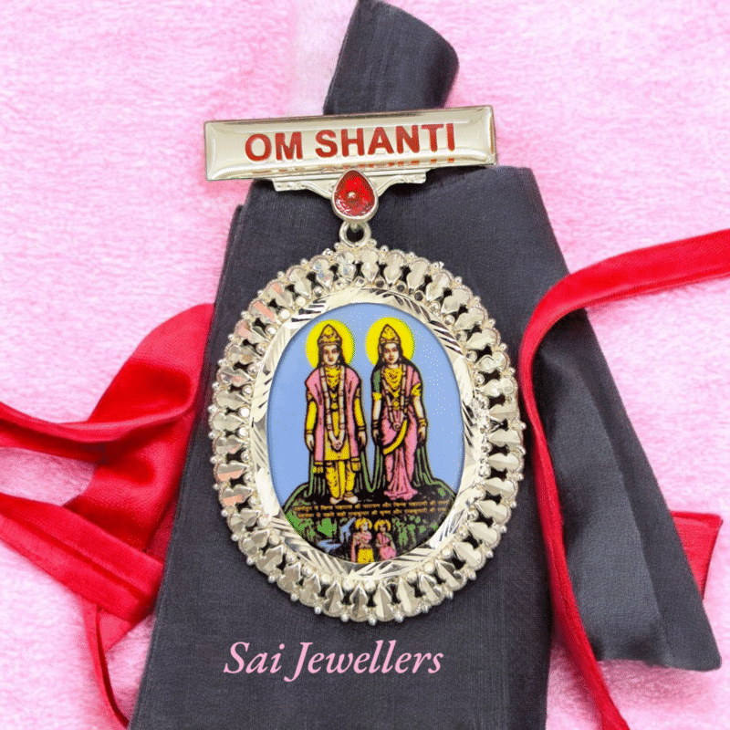 Brahma Kumaris pure silver badge with Laxmi-Narayan, Brahma Baba, Vishnu and Mahesh meenakari design spiritual jewellery