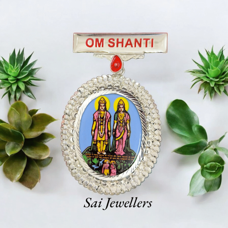 Brahma Kumaris pure silver badge with Laxmi-Narayan, Brahma Baba, Vishnu and Mahesh meenakari design spiritual jewellery