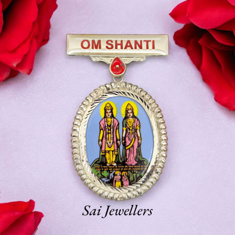 Brahma Kumaris pure silver badge with Laxmi-Narayan, Brahma Baba, Vishnu and Mahesh meenakari design spiritual jewellery
