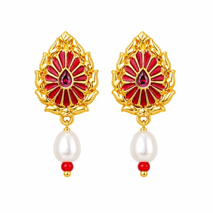 22k Hallmarked Gold Brahma Kumaris Earrings with Pearl Drop – Om Shanti Spiritual Jewelry | Sai Jewellers-BKGE2 - Image 1