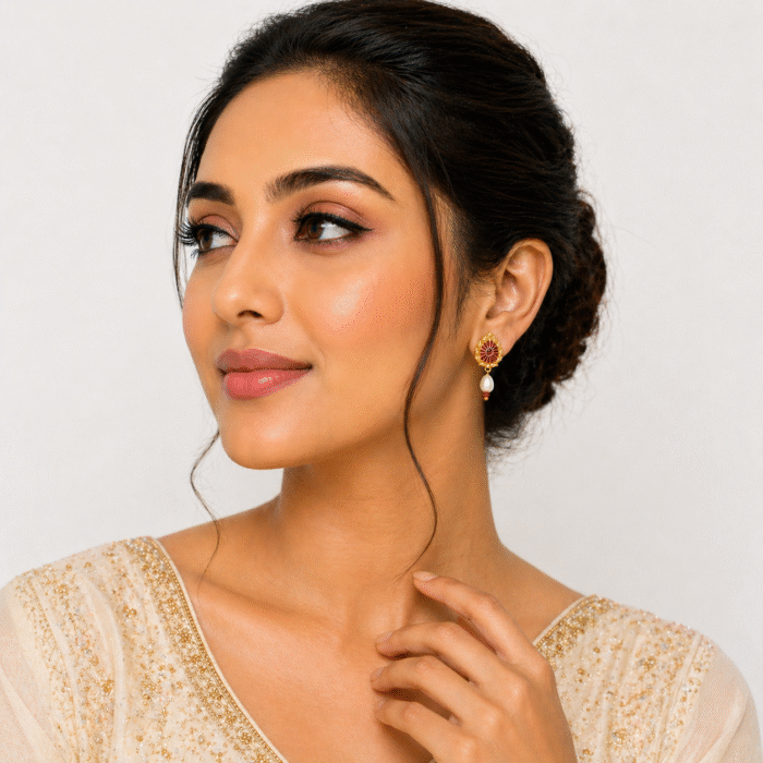 22k Hallmarked Gold Brahma Kumaris Earrings with Pearl Drop – Om Shanti Spiritual Jewelry | Sai Jewellers-BKGE2 - Image 3