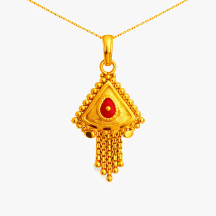 22K Hallmarked Gold Brahma Kumaris Triangular Pendant – Red Meenakari Divine Symbol with Tassels – BKGP14