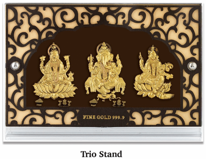 24k Gold Laxmi Ganesha Saraswati Ji Trio Stand