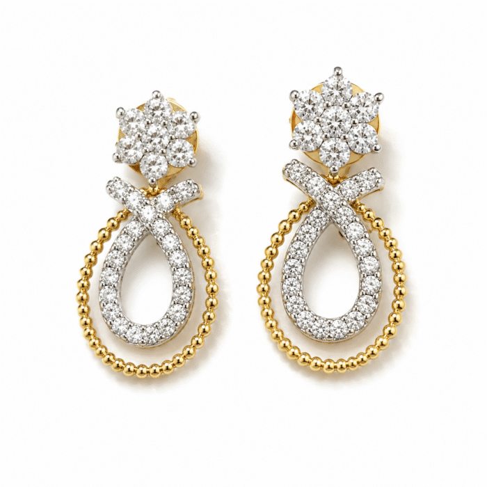 td 18K Hallmarked Gold Diamond Earrings – Floral Cluster & Loop Design-SSJDE03 - Image 1